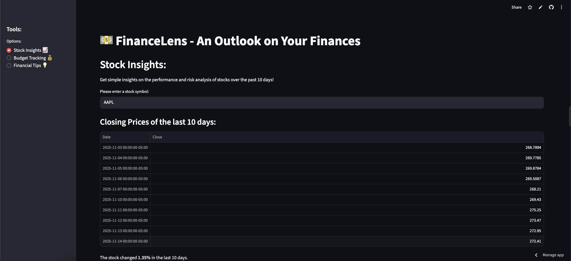 Screenshot of Financelens